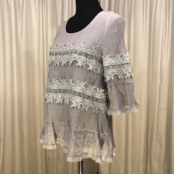 Solitaire Boho Chic Crepe Lace Blouse Small Gray - Picture 3 of 9